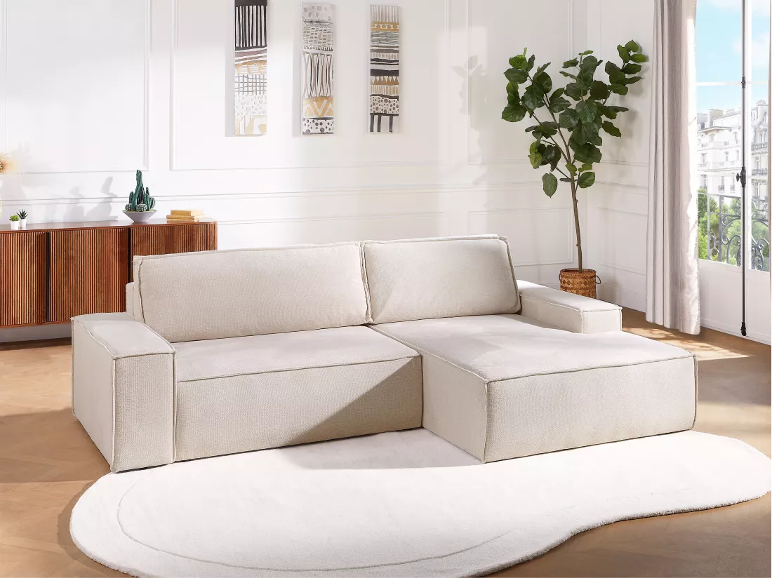 Canapé d'angle droit convertible en tissu texturé beige AMELIA