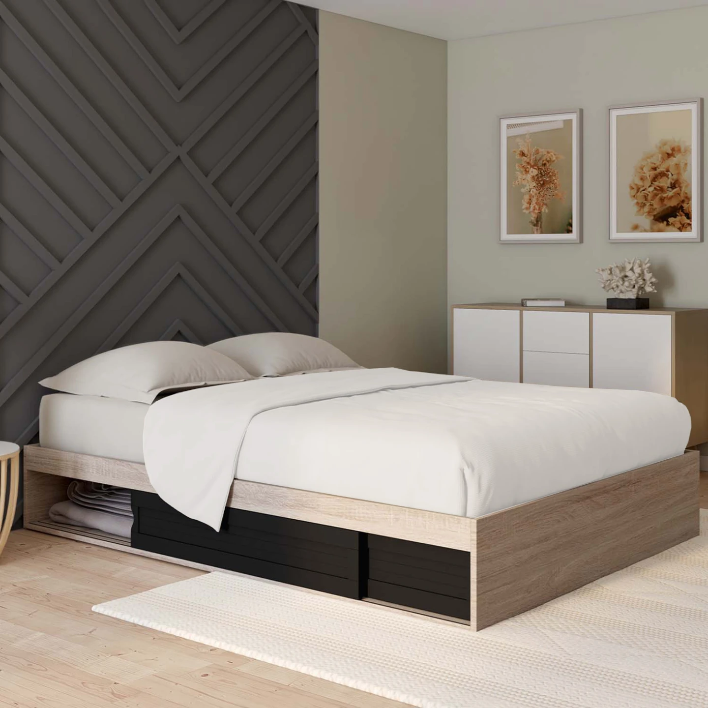 Cadre de lit double SALEM avec rangements et sommier 140 x 190 cm façon hêtre et noir