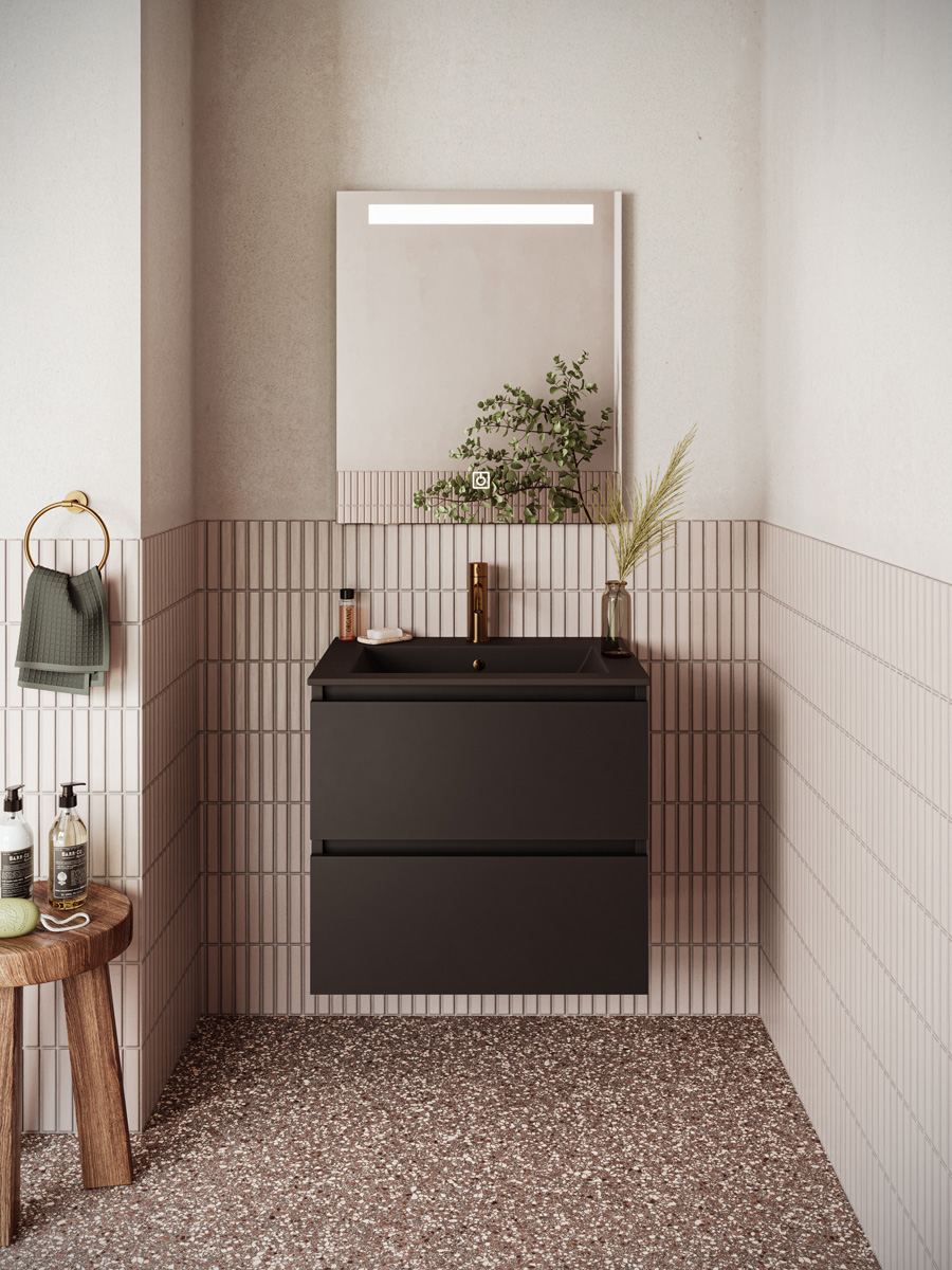 Fontana Rovigo badmeubel 60cm zwart mat met zwarte wastafel met kraangat en spiegel met verlichting