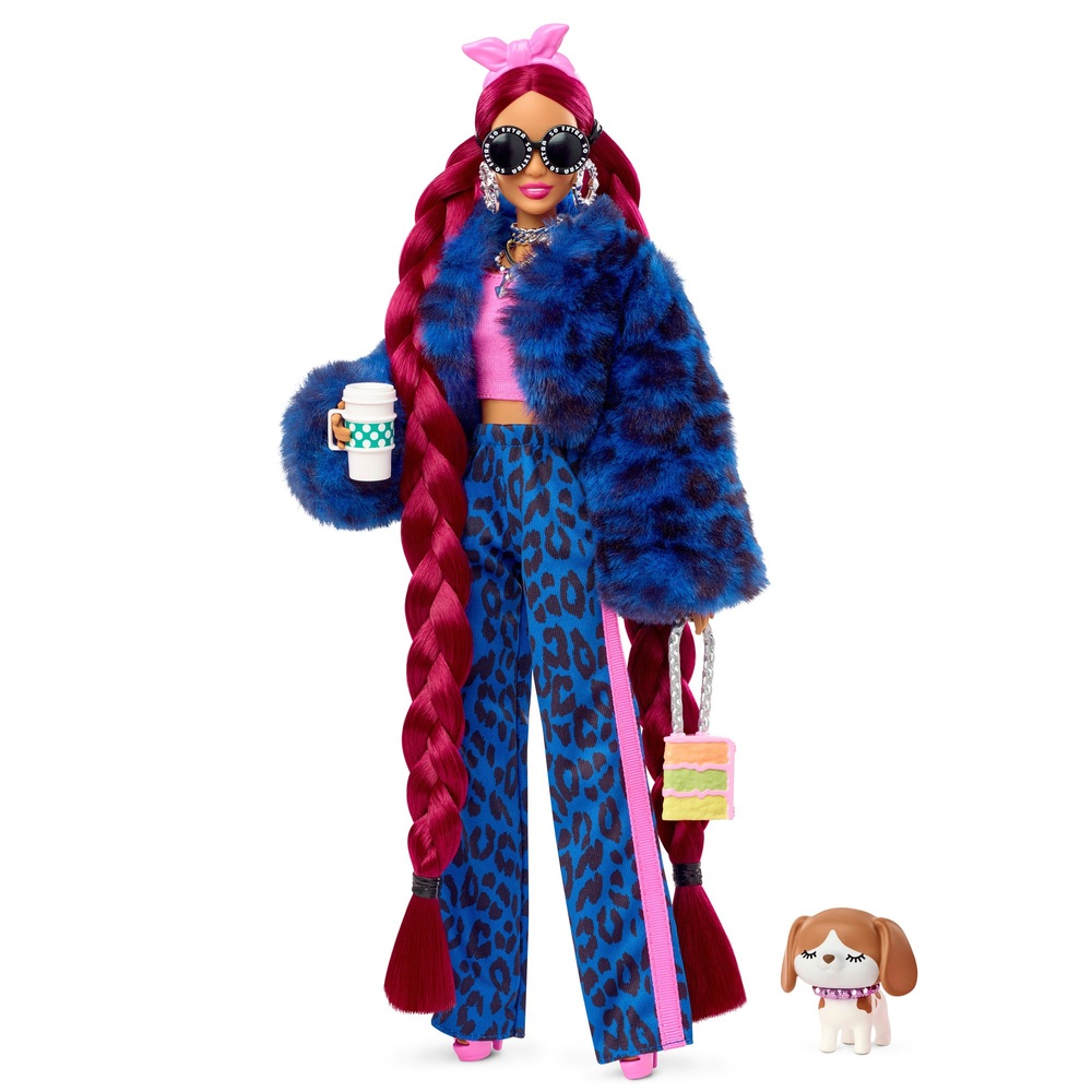 Barbie Extra Puppe 43 cm, blaues Leopardenmuster-Outfit