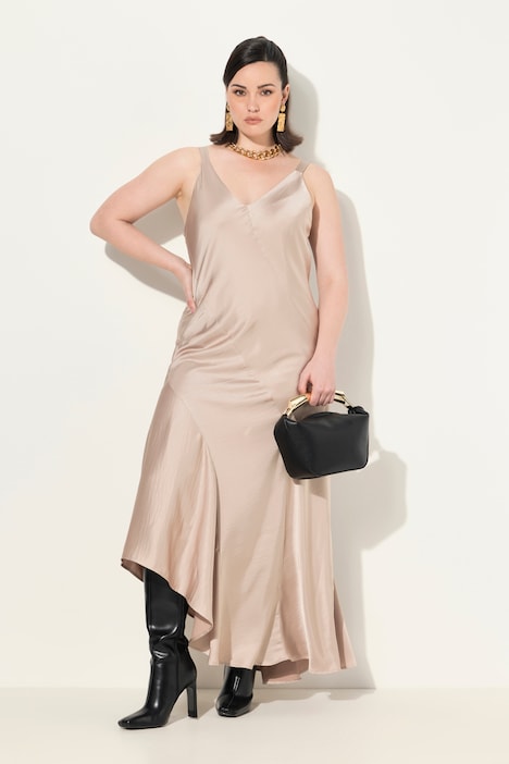 Satin-Maxikleid, A-Linie, V-Ausschnitt, ärmellos