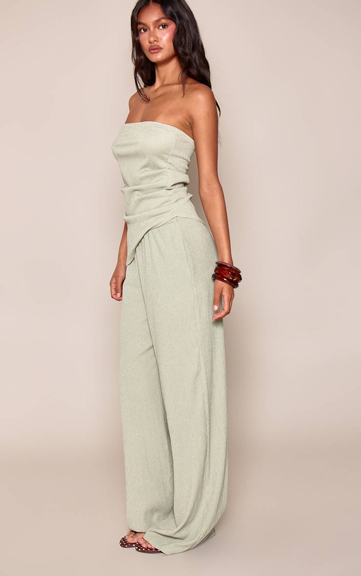 Vert Sauge Pantalon Large Texturé À Taille Élastiquée Ensemble Coordonné