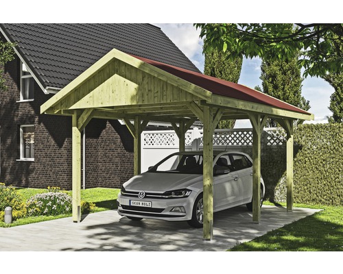 Enkele carport SKAN HOLZ Wallgau incl. rode shingles en H-paalankers 380 x 500 cm geïmpregneerd