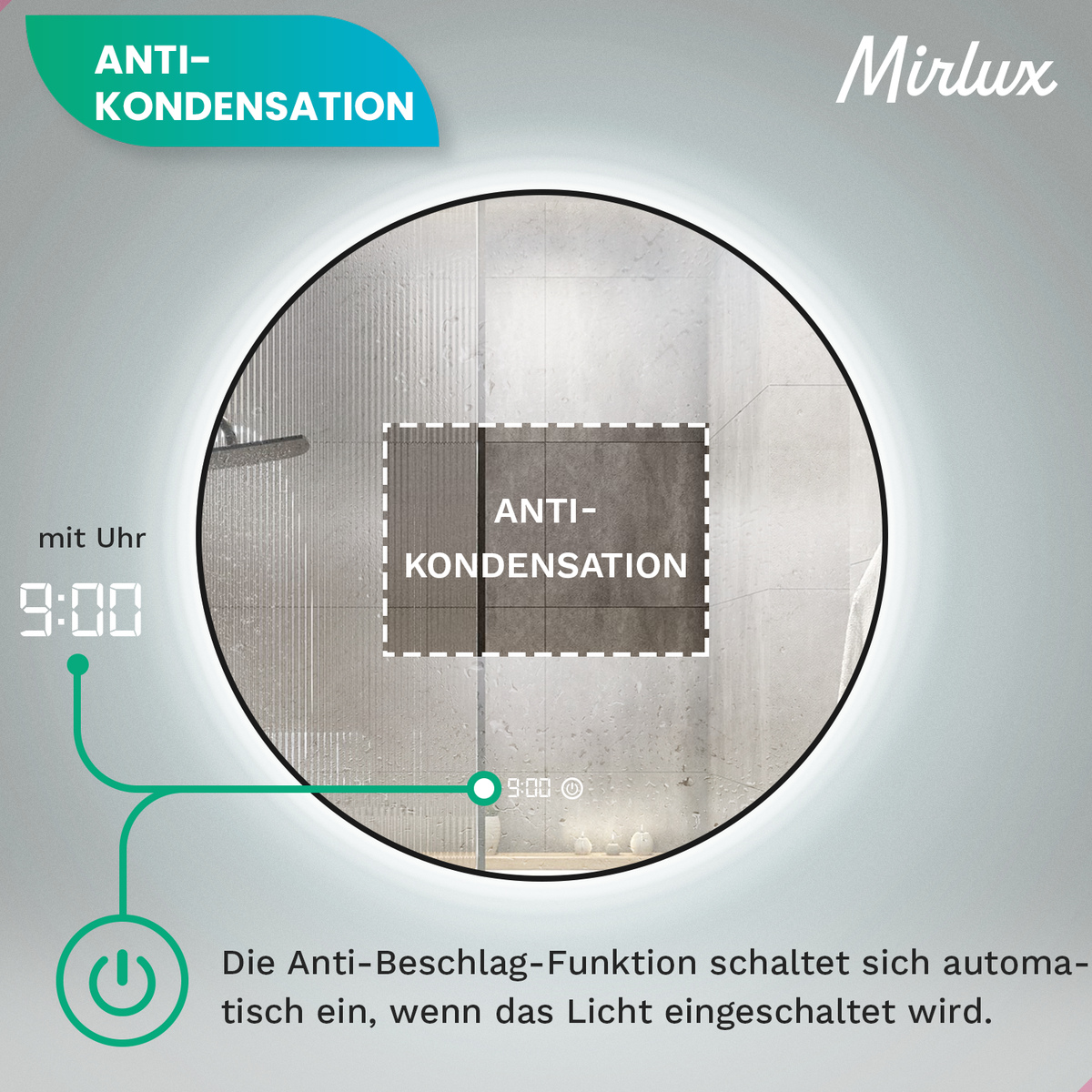 Mirlux badkamerspiegel met ledverlichting, ronde wandspiegel, anticondens douchespiegel, matzwart 80 cm