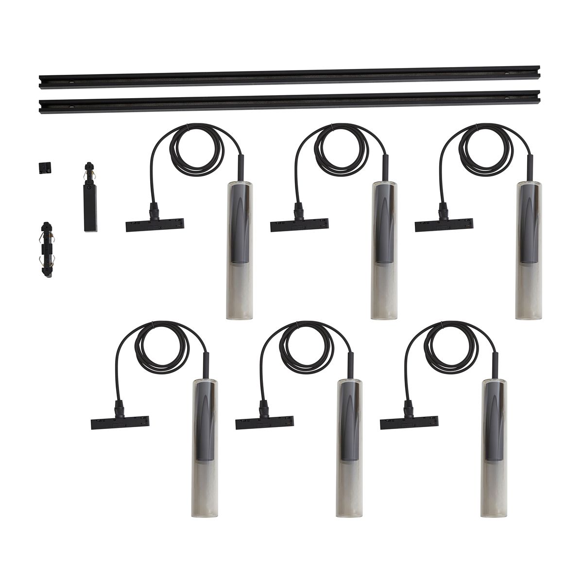 Modern railsysteem zwart met 6 hanglampen zwart met smoke glas 1-fase - Slimline Loyce
