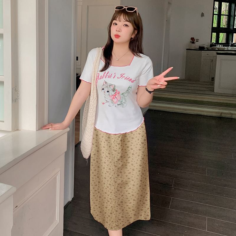 Krezol - Midi A-lijn denim rok met hoge taille en bloemenprint