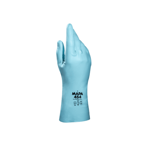 Gant de protection chimique UltraNitril 454 (ex Optimo 454) latex turquoise flocké coton hypoallergénique 31cm taille 6/6,5 Mapa Professional