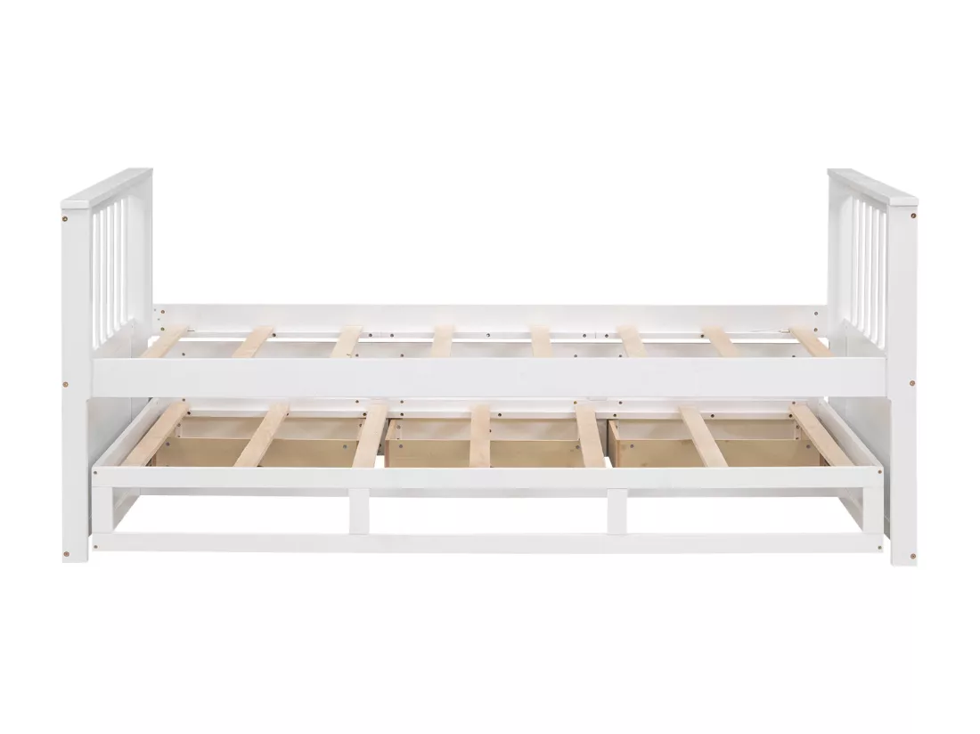 Lit gigogne 90 x 200 cm + 90 x 190 cm avec 3 tiroirs - Bois massif + MDF - Sommier à lattes - Blanc (sans matelas)