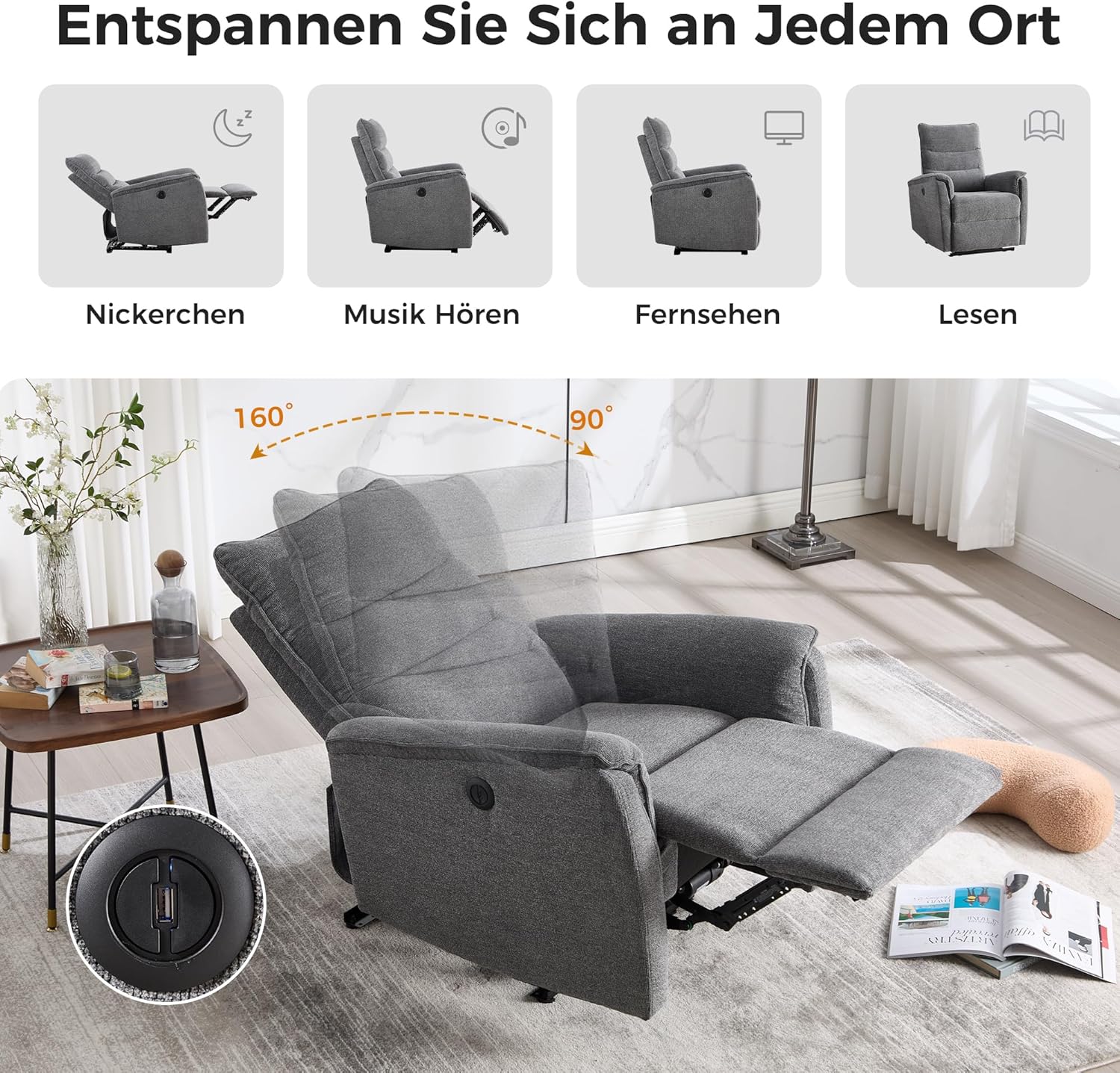 EBELLO Elektrischer Relaxsessel Fernsehsessel mit Liegefunktion Liegesessel Wohnzimmer TV Sessel, bis 150 kg Belastbar, Einzelliegesessel für Wohnzimmer, Dunkelgrau