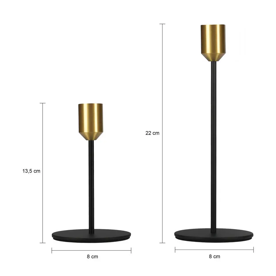 QUVIO Kaarsenstandaard - set van 2 (klein en groot) - Metaal - Zwart en Goud