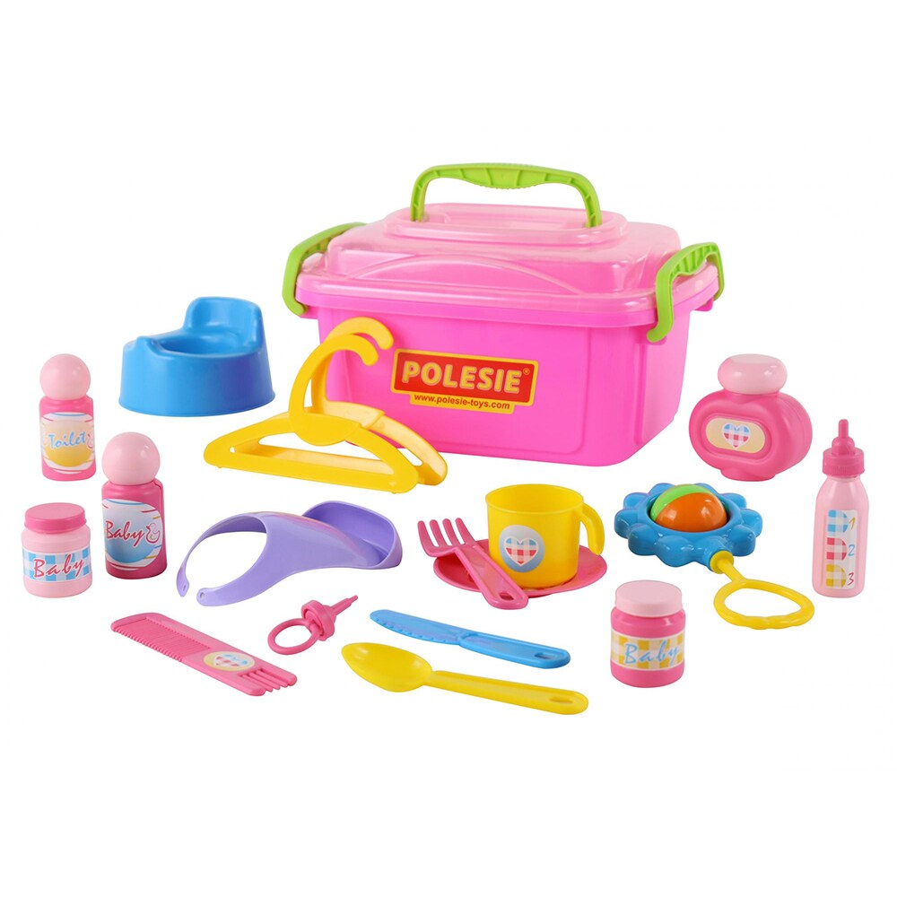 Polesie Kinderspielzeug Nanny-Set 53473 für Puppen Koffer Rassel Schnuller Latz rosa