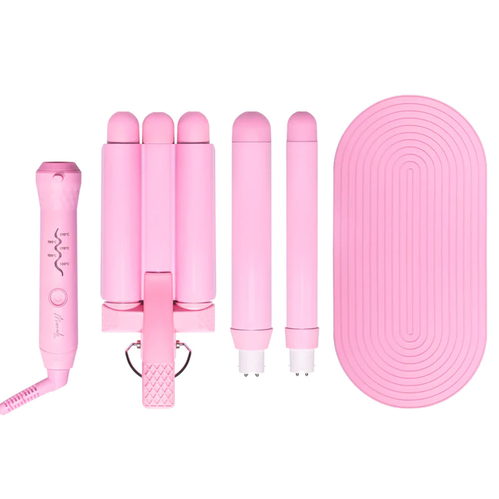 3in1 Style Wand Wechselbares Keramik Welleneisen Lockenstab mit 3 Aufsätzen - Pink