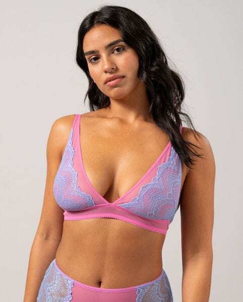 Understatement Underwear Lace Mesh Plunge Bralette light blue candy pink