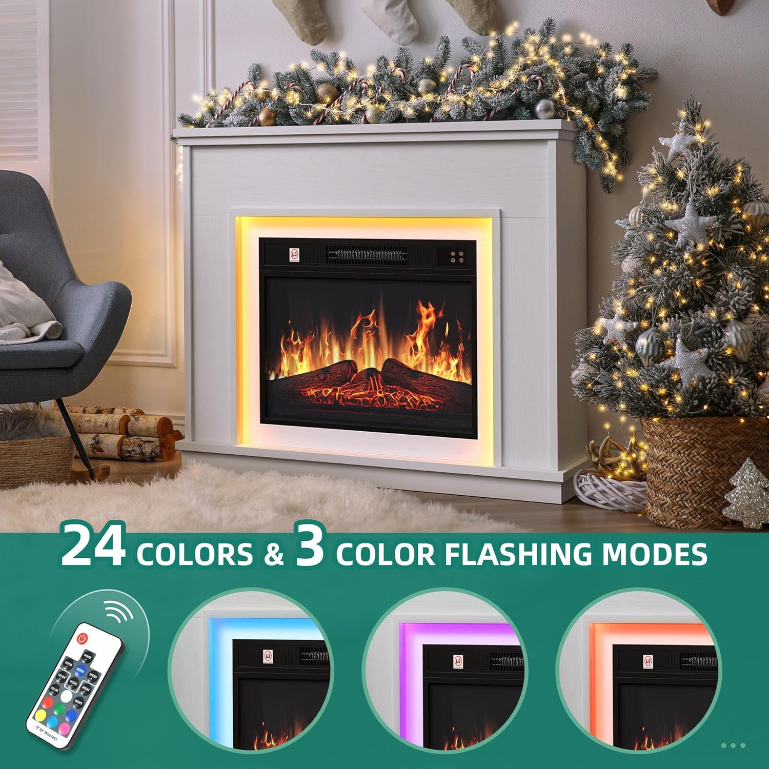 YITAHOME Elektrokamin, 23inch Realistischer 3D Flammeneffekt Erwärmungsfreistehender Elektrischer Kamin mit Timer und 24-Farb-LED-Lichtband und Fernbedienung