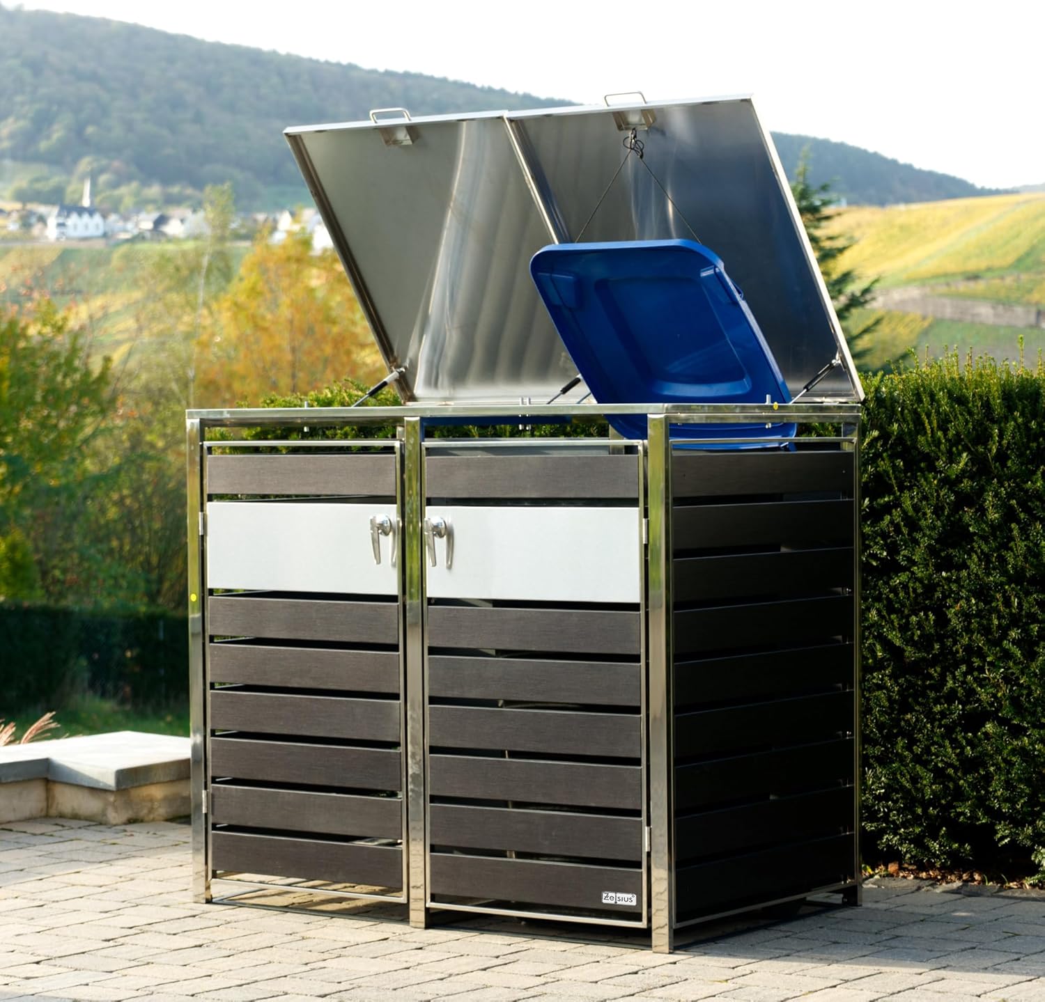 Zelsius Mülltonnenbox 2er Mülltonnen | (B) 132 x (T) 80 x (H) 117 cm | Anthrazit | inkl. Erweiterungsmöglichkeit | Mülltonnenverkleidung, Garten Müllbox, Müllhaus, 2 Tonnen