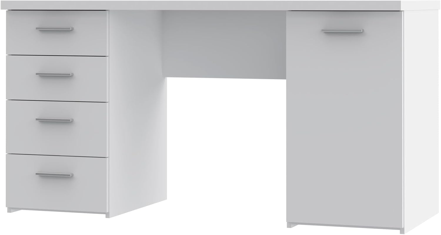 FORTE Net106 Schreibtisch mit 4 Schubladen und 1 Tür, Holzwerkstoff, Weiß matt, 145 x 60 x 76.3 cm