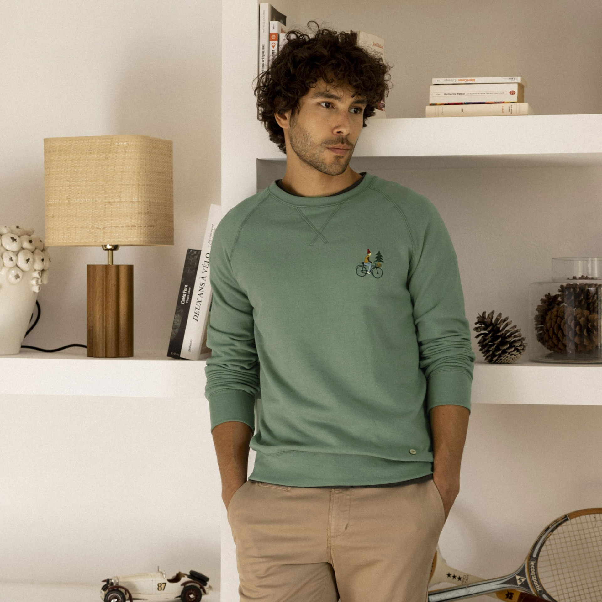 Sweat col rond vert broderie Vélo coton et coton recyclé - modèle Darney