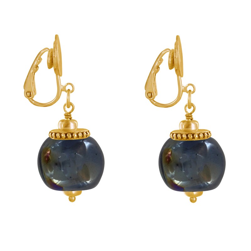 Boucles d'Oreilles Clip Métal Doré et Grosses Perles en Céramique