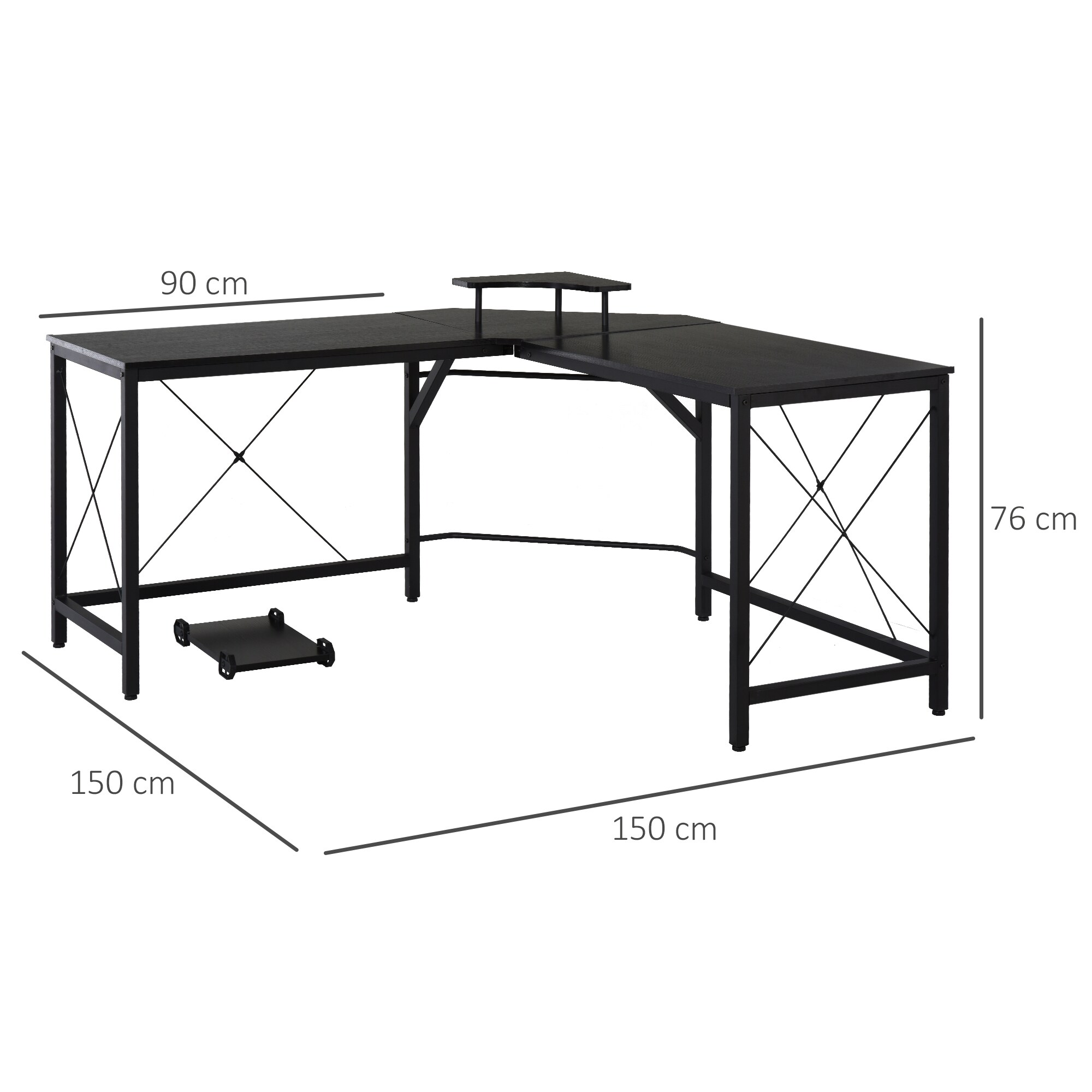 HOMCOM Eckschreibtisch mit Monitorablage schwarz 150L x 150B x 76H cm