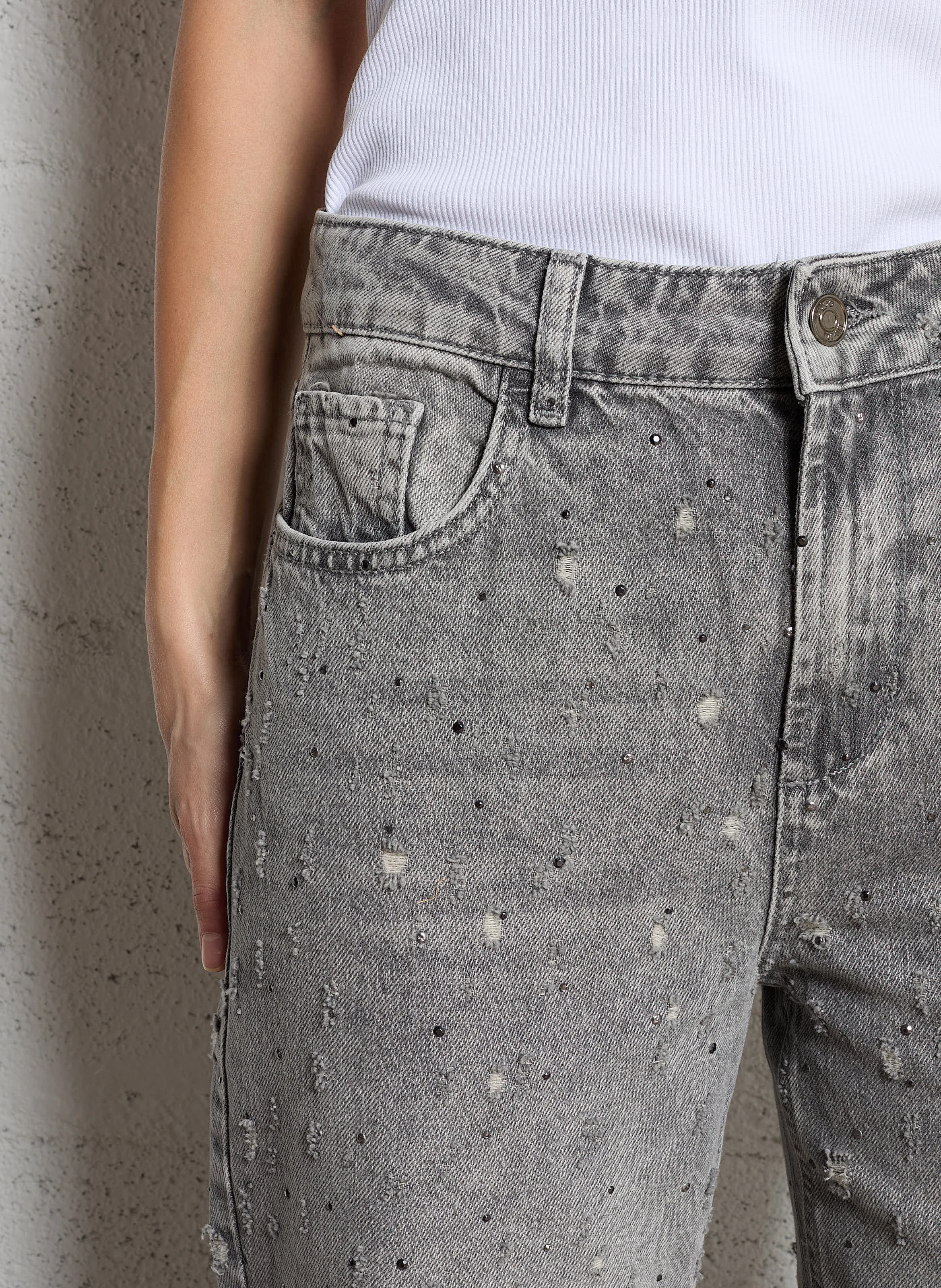 Jean droit taille haute en coton | Gris