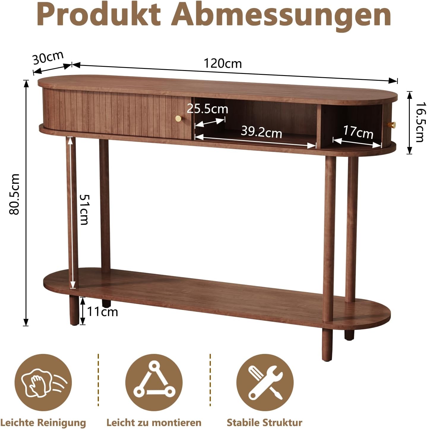 Konsolentisch mit Schubladen und Stauschrank, Braun Schmal Konsolentisch mit Schiebetüren, Holz Konsolentische fürs Wohnzimmer, Eingang, Hausflur, Schlafzimmer