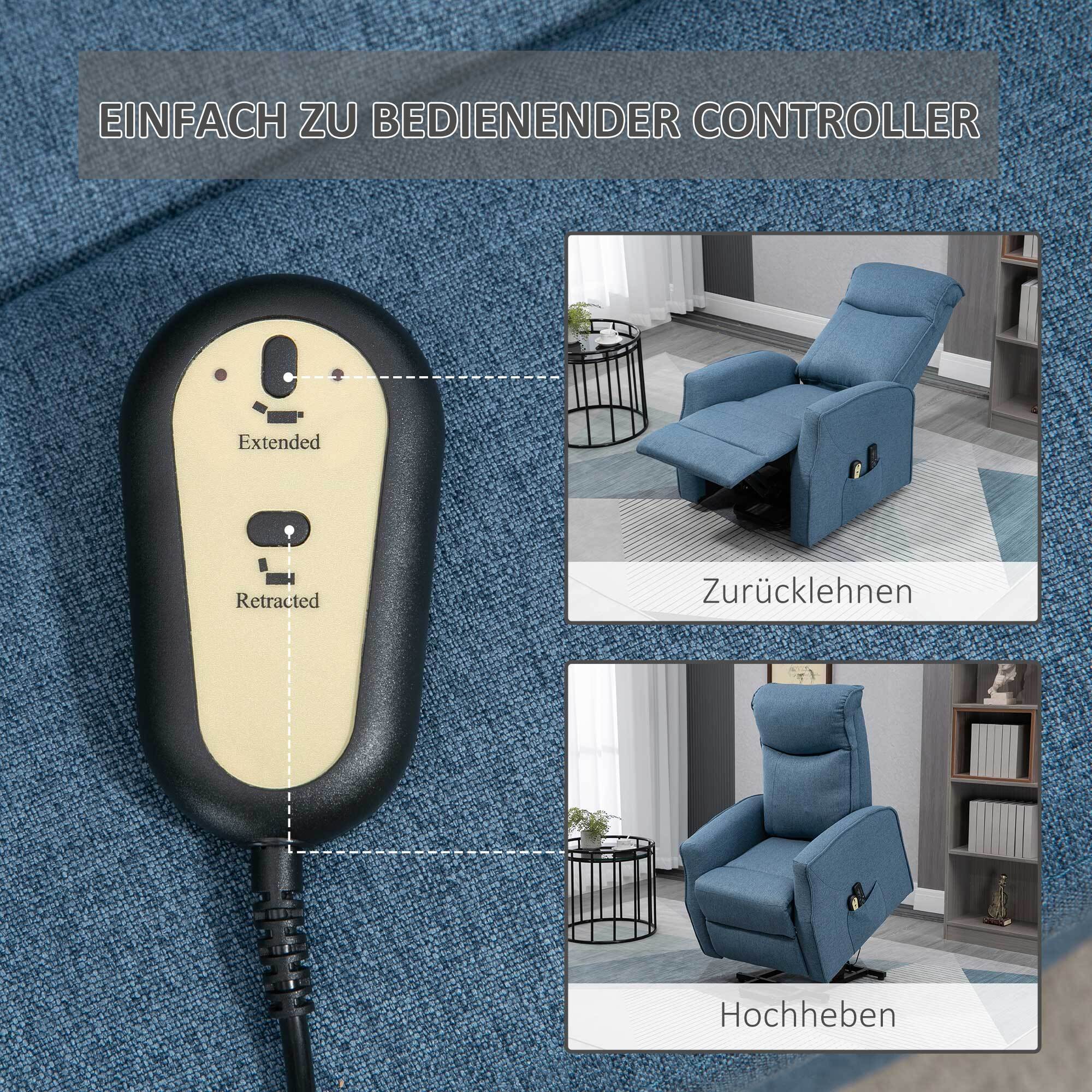HOMCOM Funktionssessel mit Massagefunktion und Aufstehhilfe blau 74,5L x 87,5B x 110H cm