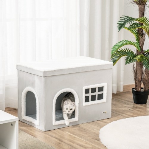 Casinha dobrável para gatos de interior, cinza