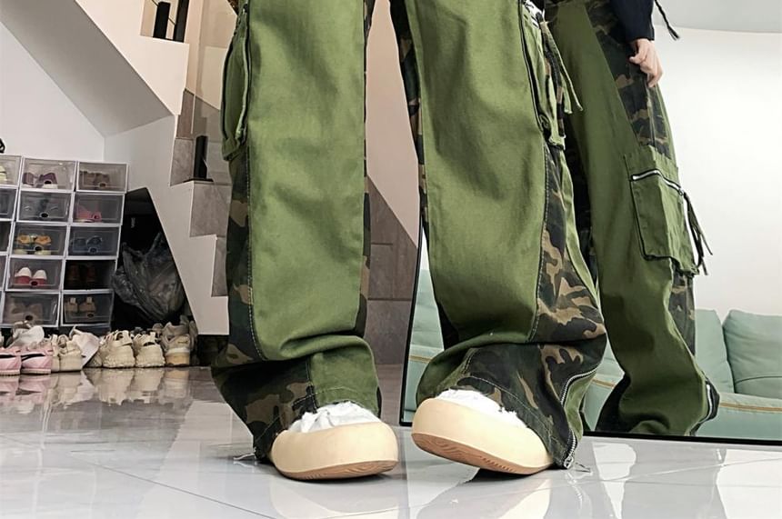 Vhancy - Hoge taille camouflage patchwork cargo broek met wijde pijpen