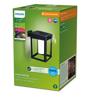 Philips solar wandlamp vierkant Camill zwart met bewegingssensor