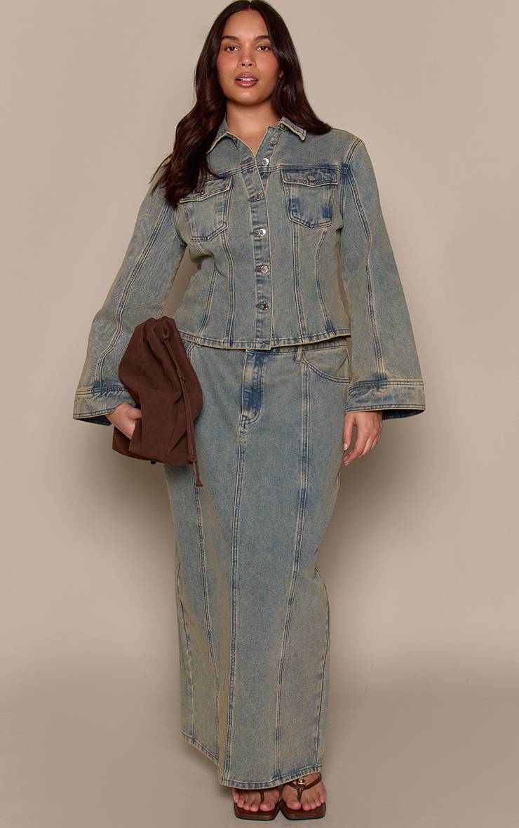 Bleu Jupe Maxi En Denim Coupe Évasée Avec Détails De Coutures Grande Taille