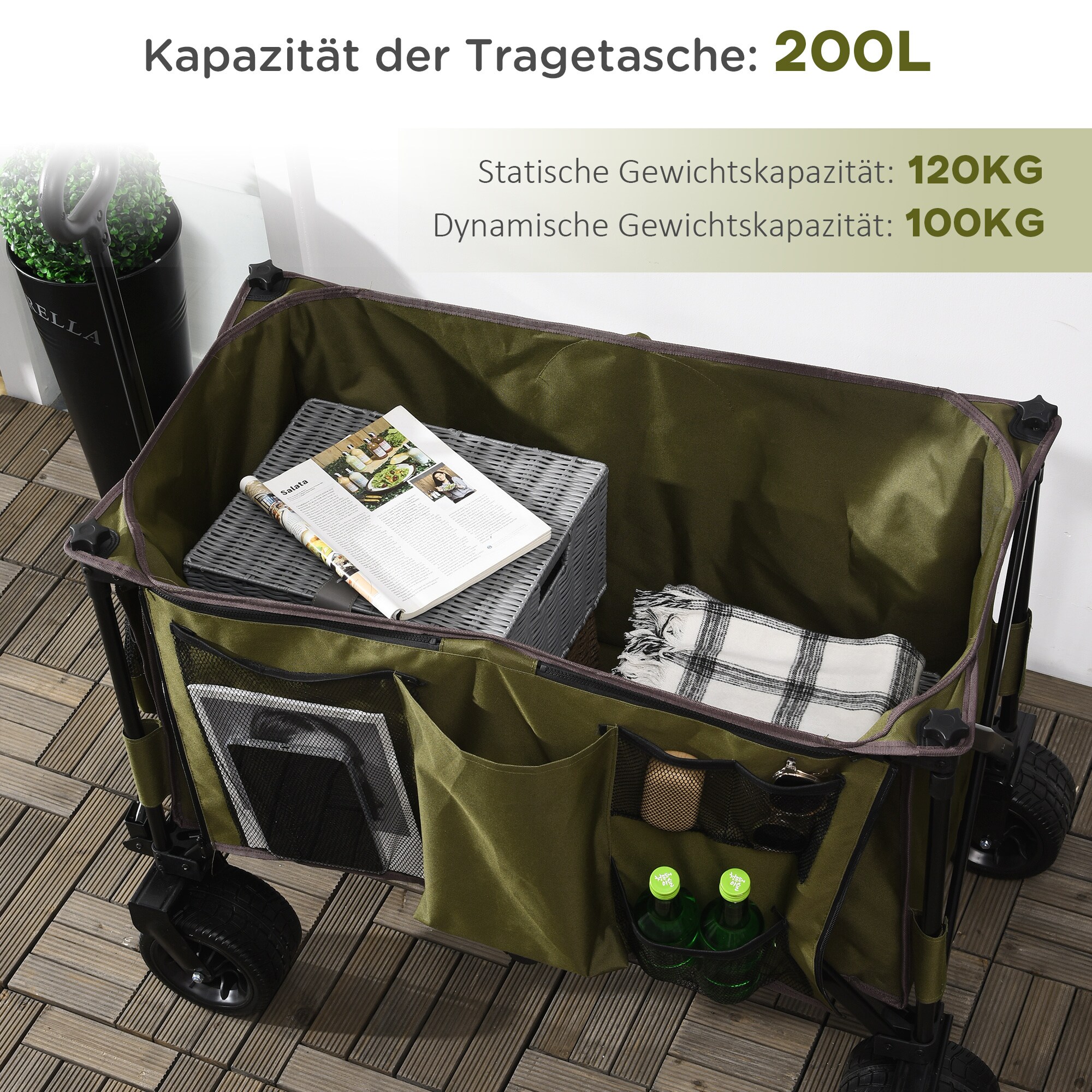 Outsunny Bollerwagen mit Seitentasche grün 100L x 48B x 100,5H cm