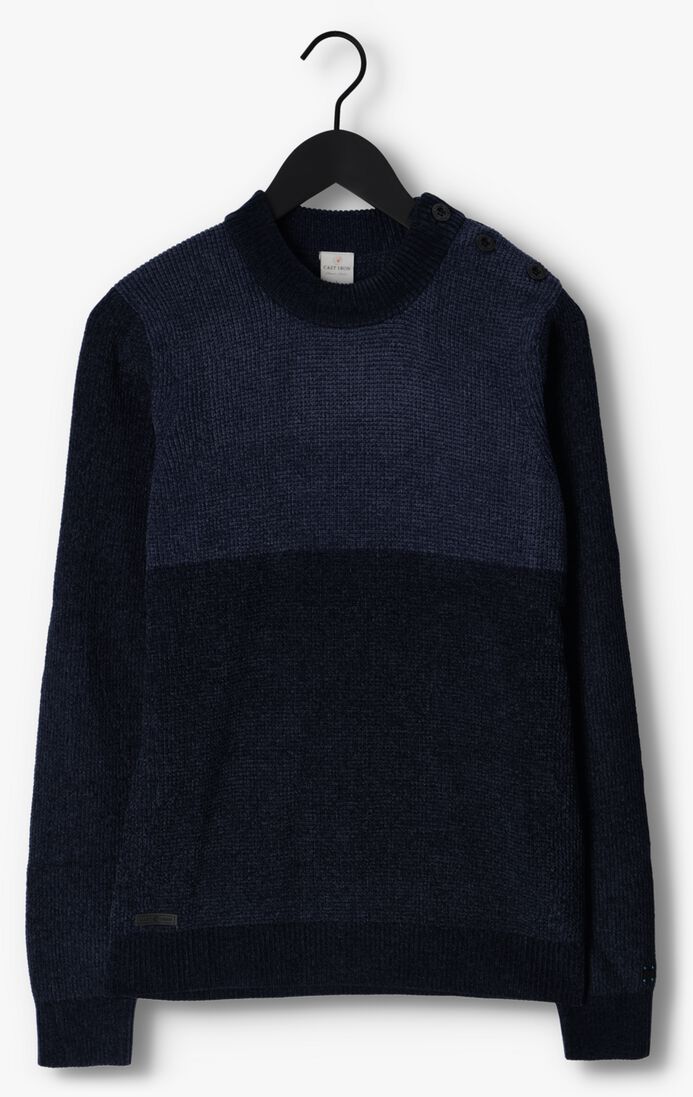 CAST IRON blauwe cast iron trui mock neck slim fit chenille colourblock
