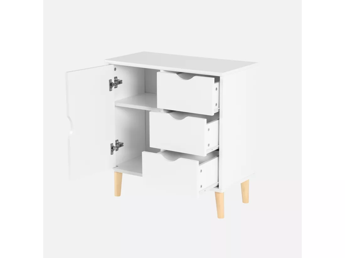 Commode enfant. 1 porte et 3 tiroirs. 2 étagères. blanc. pieds en pin