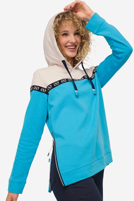 Hoodie, zweifarbig, Print-Tape, Kapuze, Langarm, Seitenzipper