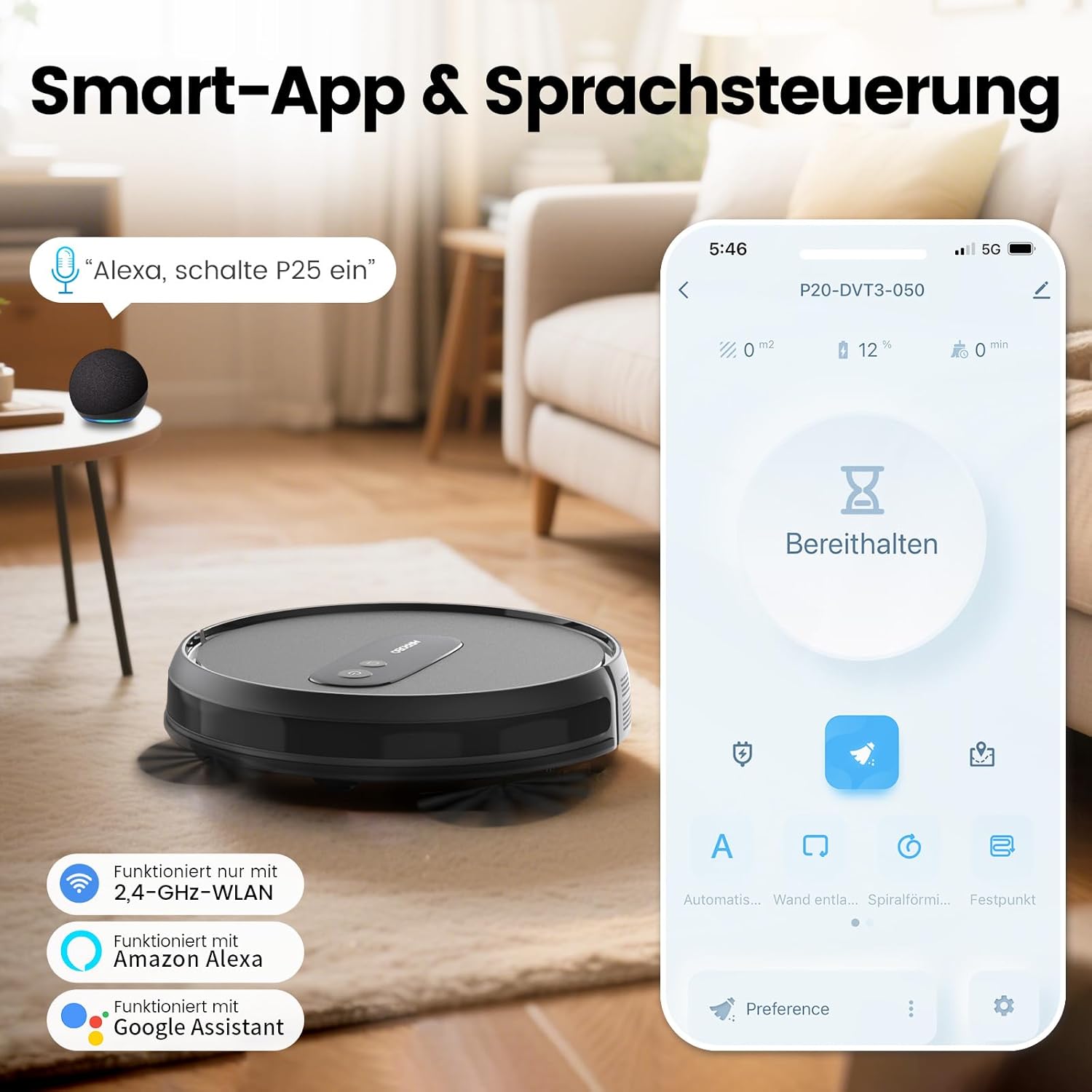 AIRROBO P25 Saugroboter, Staubsauger Roboter 2800 Pa, Schlank und Geräuscharm Roboterstaubsauger für Tierhaare Hartböden Teppich, APP Steuerung, 120Mins Max, Fernbedienung (Schwarz)