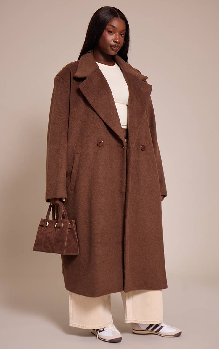 Chocolat Manteau Maxi En Laine Brossée Grande Taille