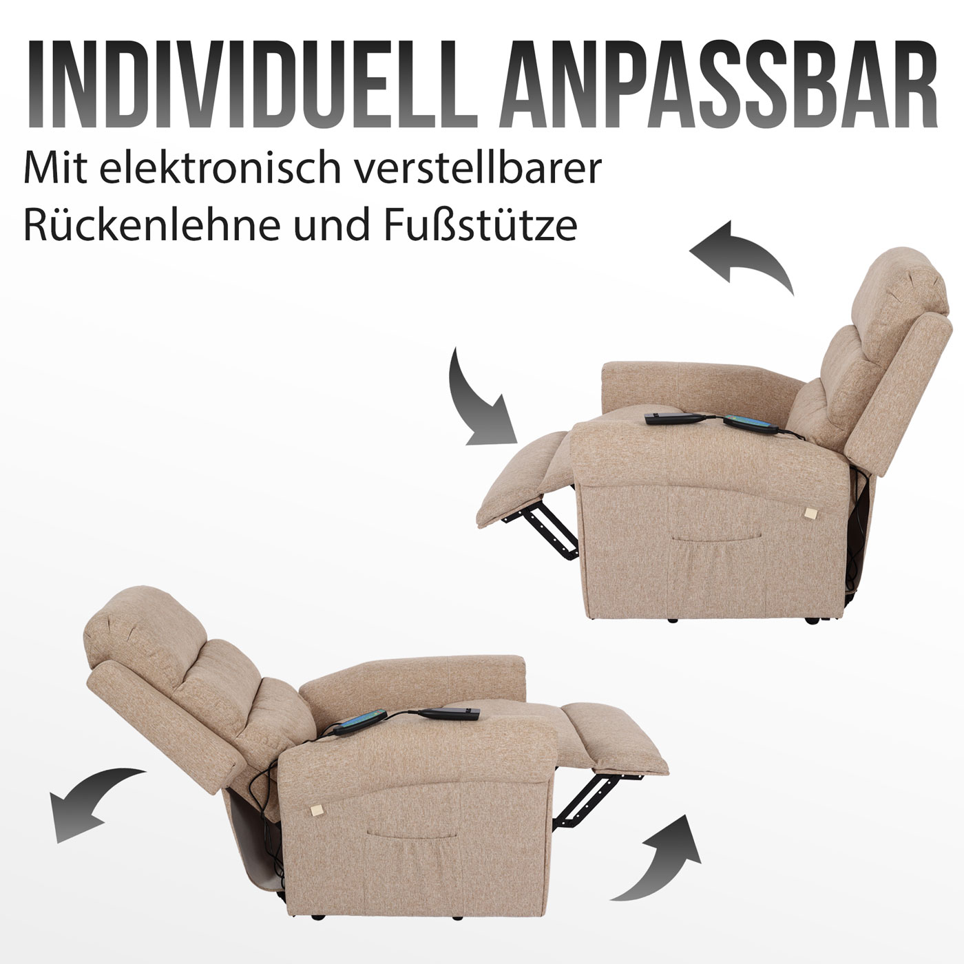 Fernsehsessel MCW-K63, Relaxsessel Sessel, Liegefunktion Aufstehhilfe Massage Heizfunktion, Stoff/Textil ~ hellgrau