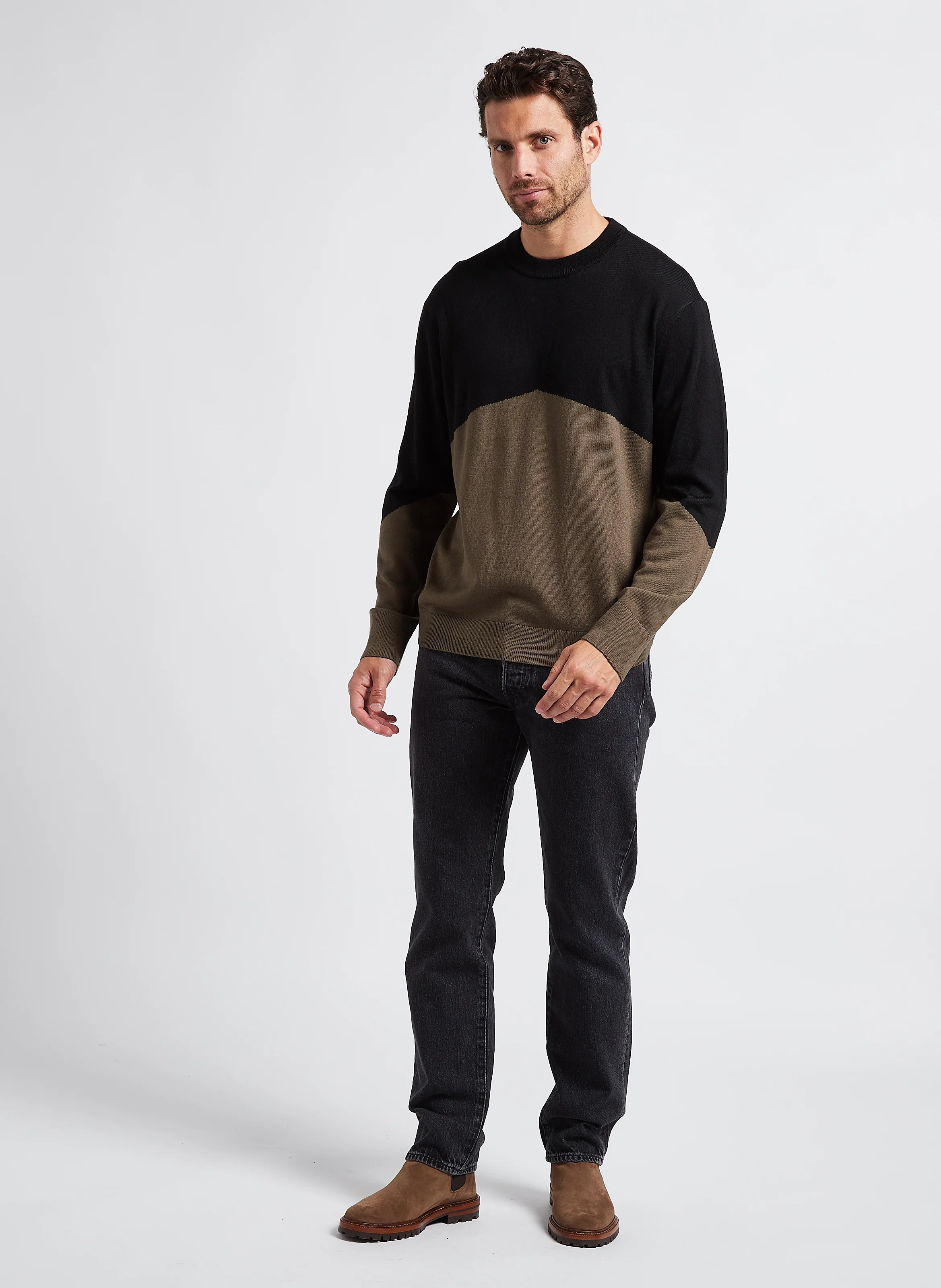 Pull col rond graphique en laine mélangé| Noir