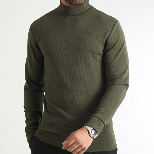 Pull Col Roulé Texturé Waffle 0538 Vert Kaki