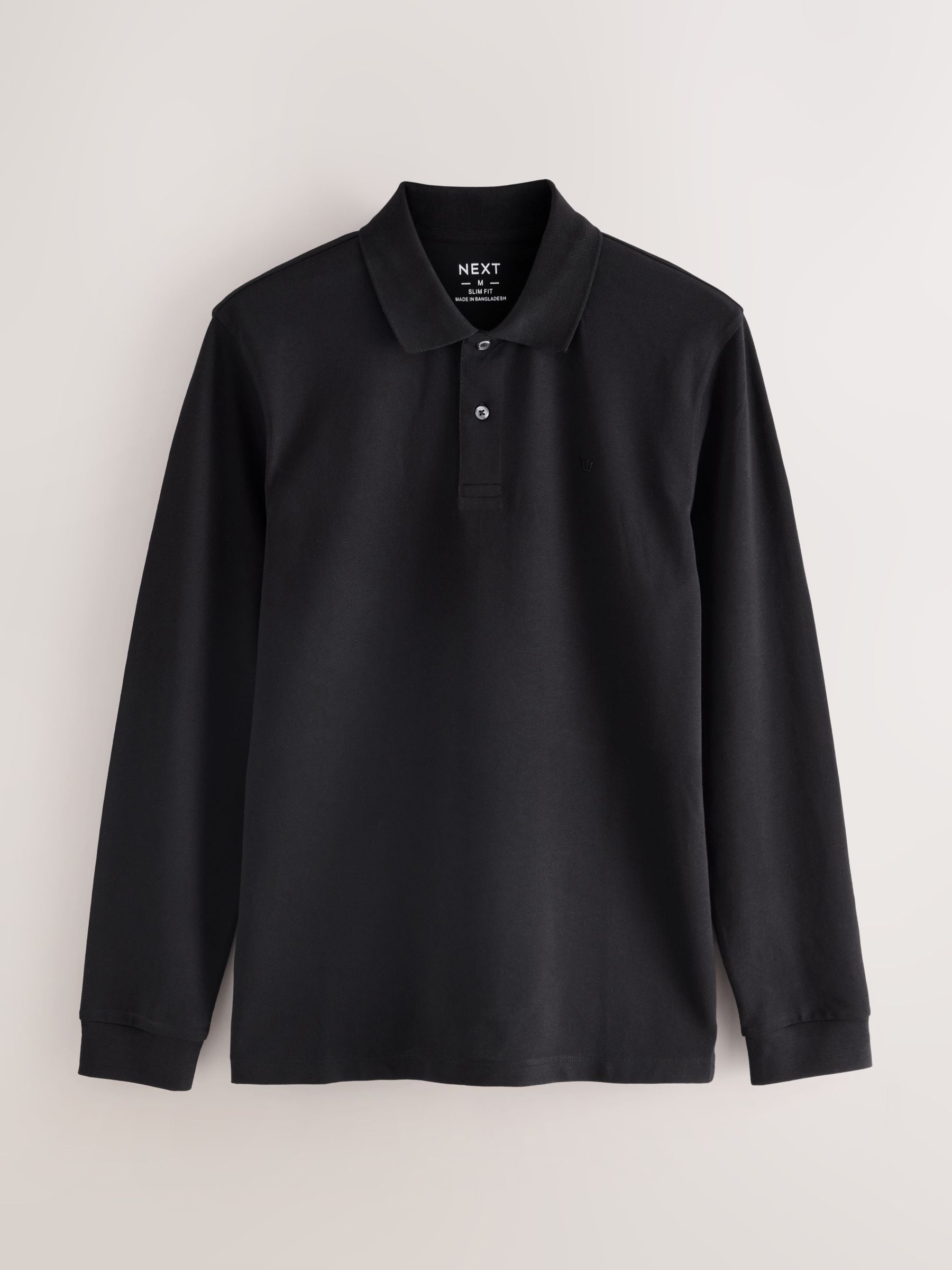 Zwart - Slim Fit - Piqué polo met lange mouwen
