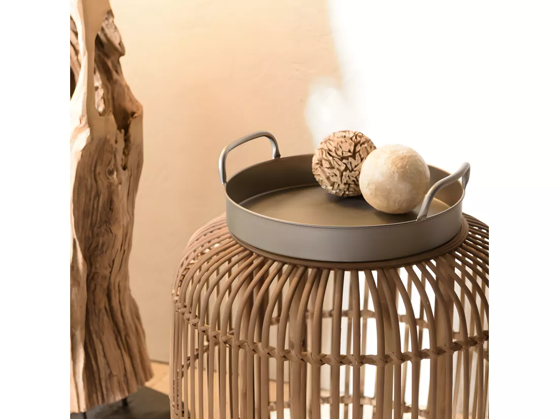 VICTOIRE - Table d'appoint cylindrique avec poignées 51x51cm plateau en métal noir piètement en rotin marron