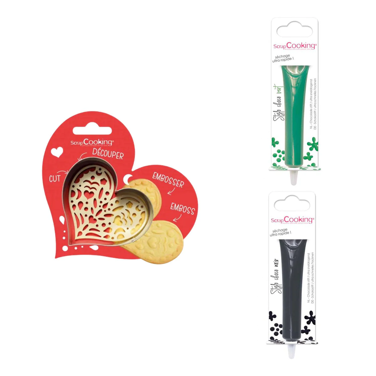 Kit pour biscuit en relief Coeur + 2 Stylos au chocolat vert et noir S