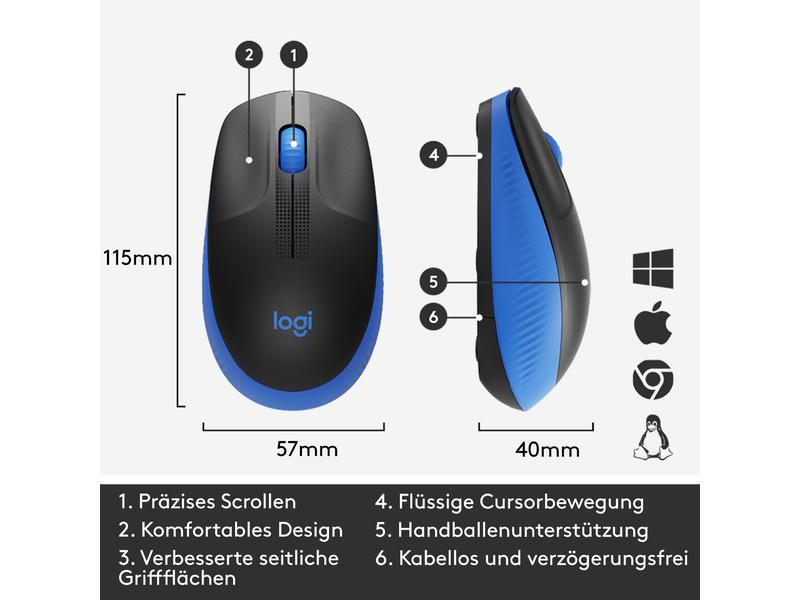 Logitech Maus M190 Blau/Schwarz, kabellos Universelle Arbeitsmaus für alltägliche Büroarbeiten