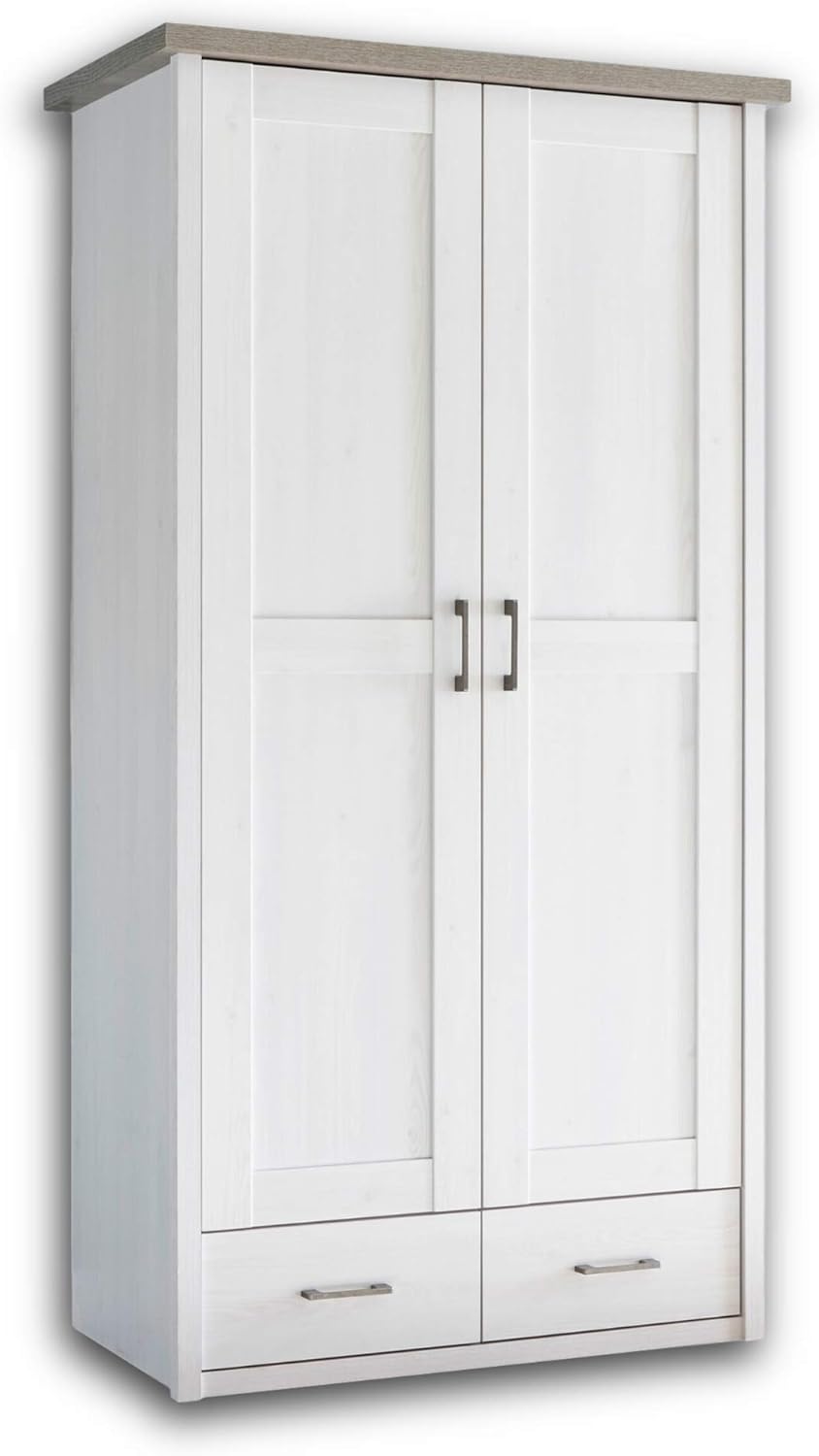 LUCA Eleganter Kleiderschrank Babyzimmer 2-türig - Vielseitiger Drehtürenschrank mit viel Stauraum in Pinie Weiß / Trüffel - 106 x 201 x 55 cm (B/H/T)