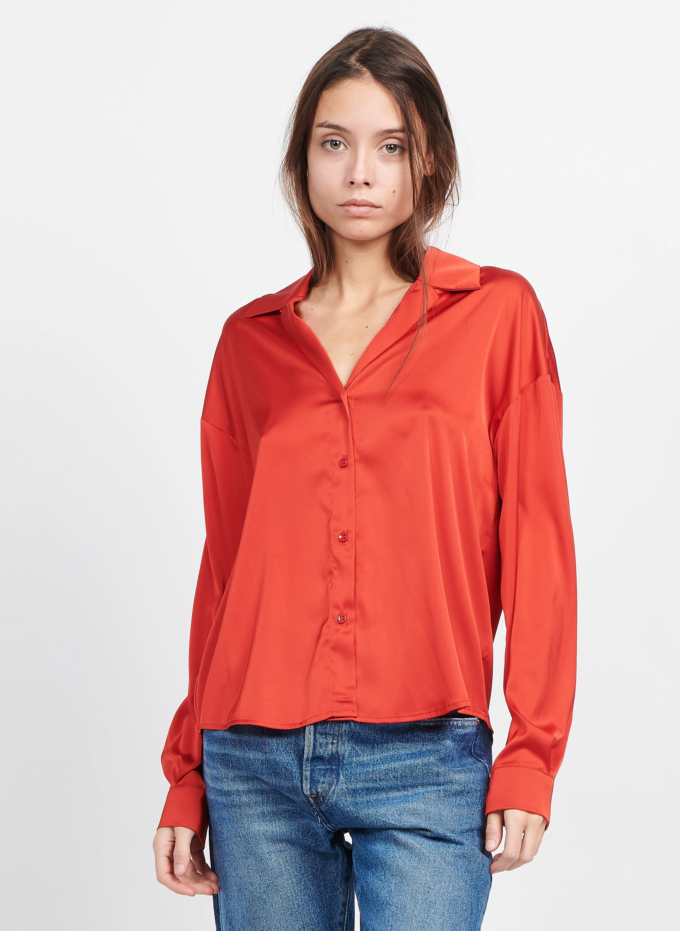 Chemise col V satinée | Orange