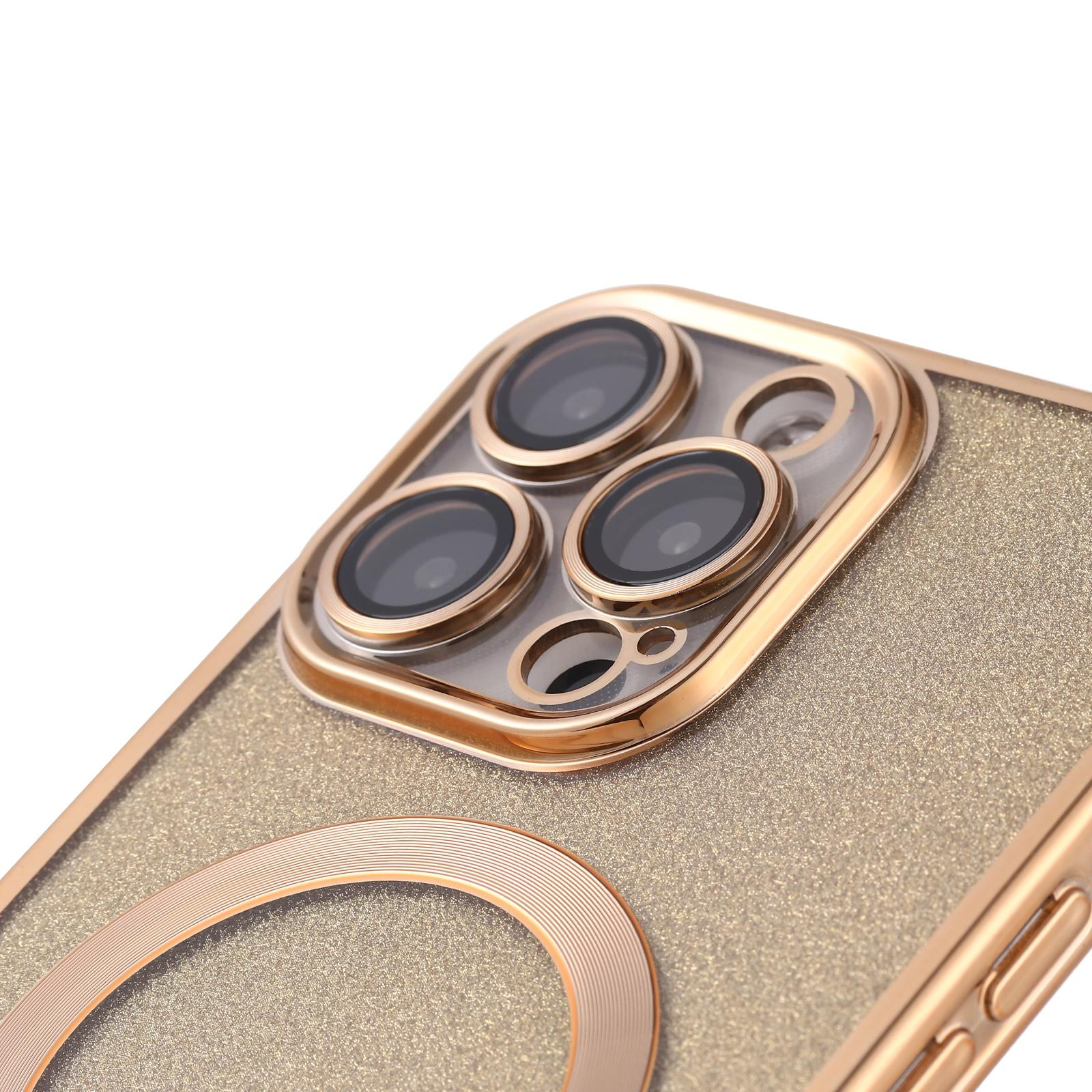 iPhone 14 Pro MagSafe Gummi Case Hülle mit Acryl Kameraglasschutz im Glitzer Design - Gold / Transparent