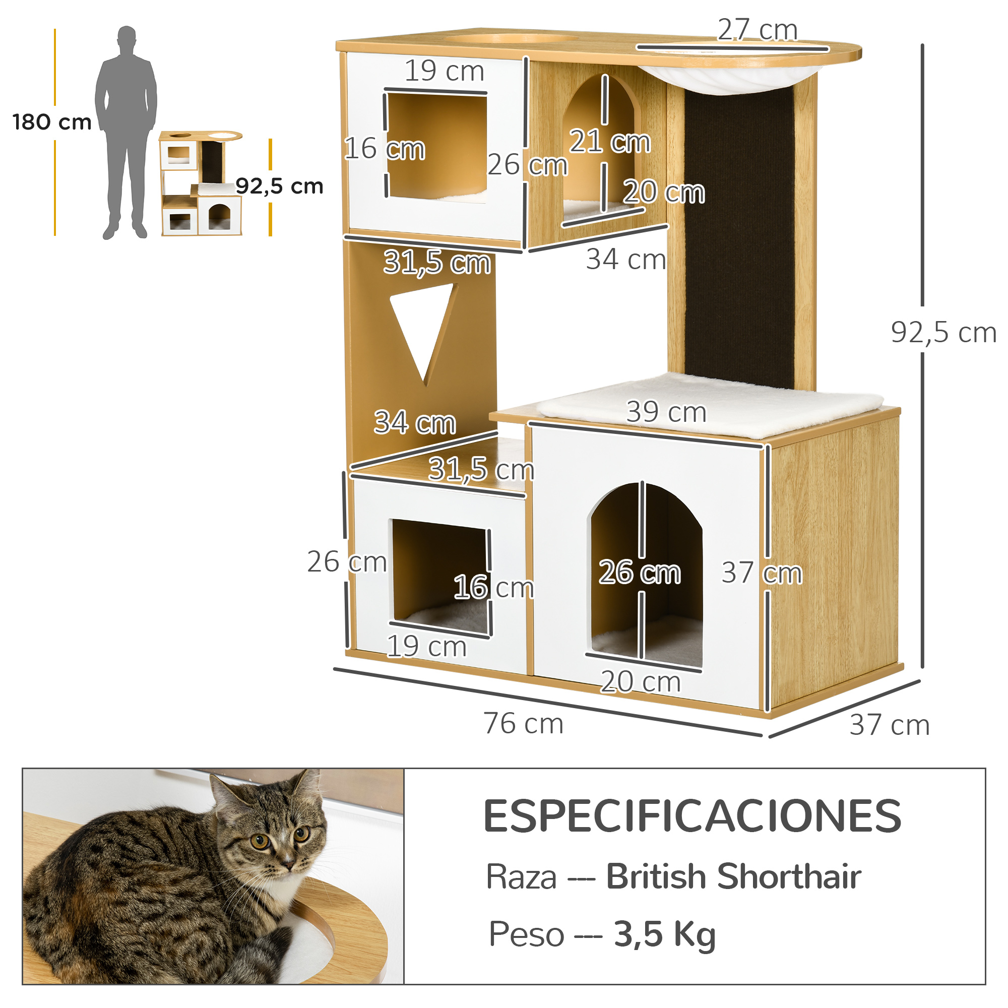 Árvore arranhadora para gatos PawHut, 92,5 cm de altura, torre para gatos com 3 casinhas de madeira, almofadas laváveis, arranhador e rede, 76x37x92,5 cm, carvalho.