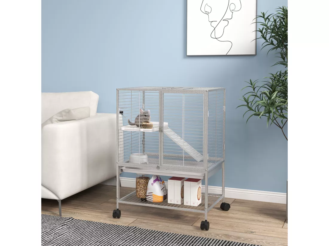 Cage pour rongeurs furet chinchilla plateforme rampe 2 portes biberon gamelle plateau étagère acier gris clair