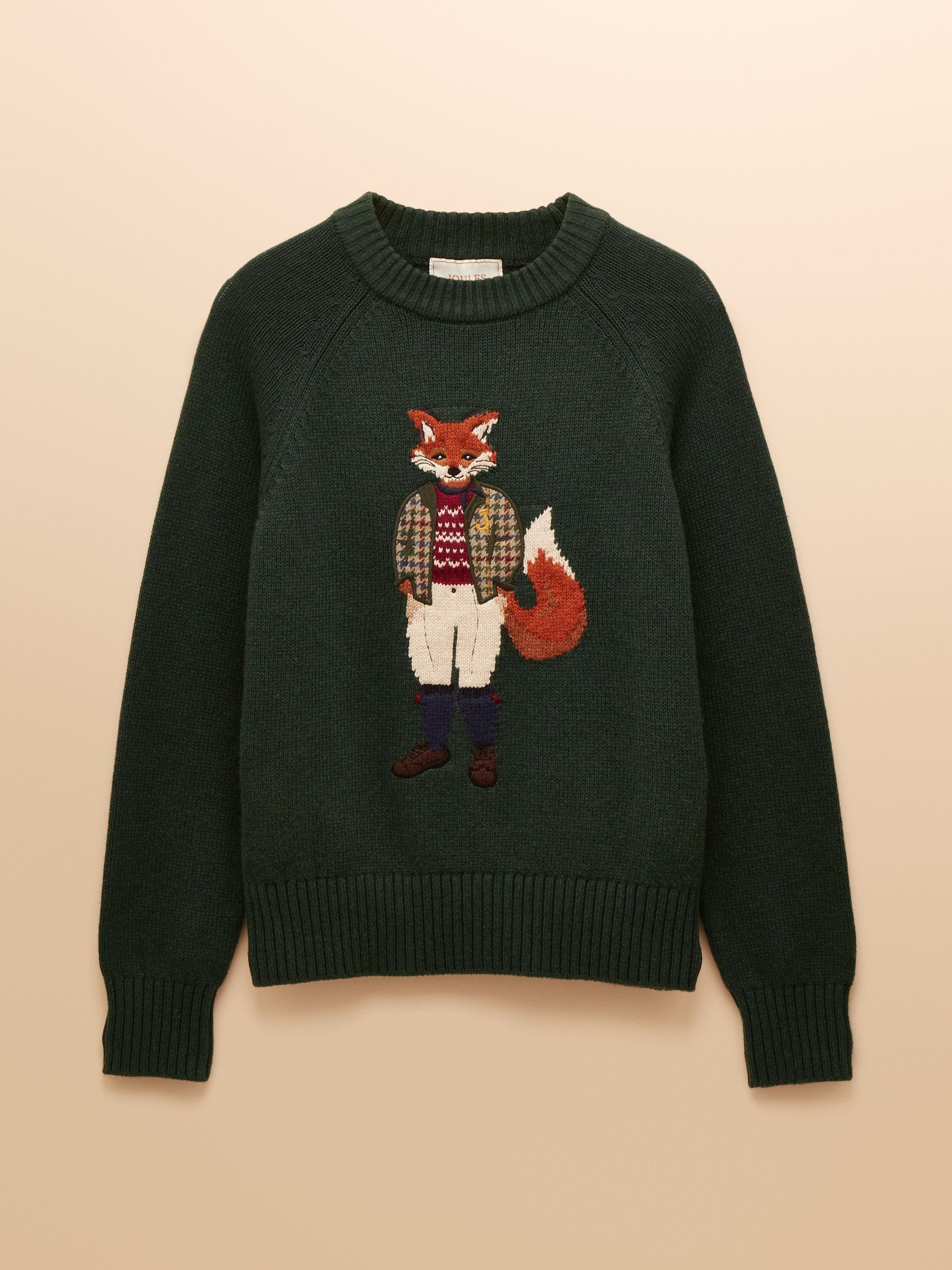 Green Jonty Fox - Joules Intarsia Cotton-Rich Crew Neck Jumper