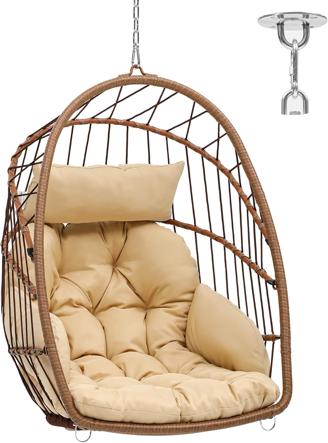 YITAHOME Hängesessel mit Kissen - Max. Belastung 150kg, stabiler Rattanrahmen, 105x74x72cm, ohne Gestell mit Kette & S-Haken für Terrasse, Garten, Wohnzimmer, Braun